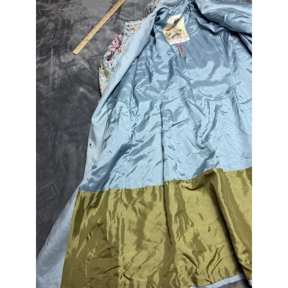 Johnny Was Biya 100% Silk Longline Floral Embroidered Coat Blue Vintage Small